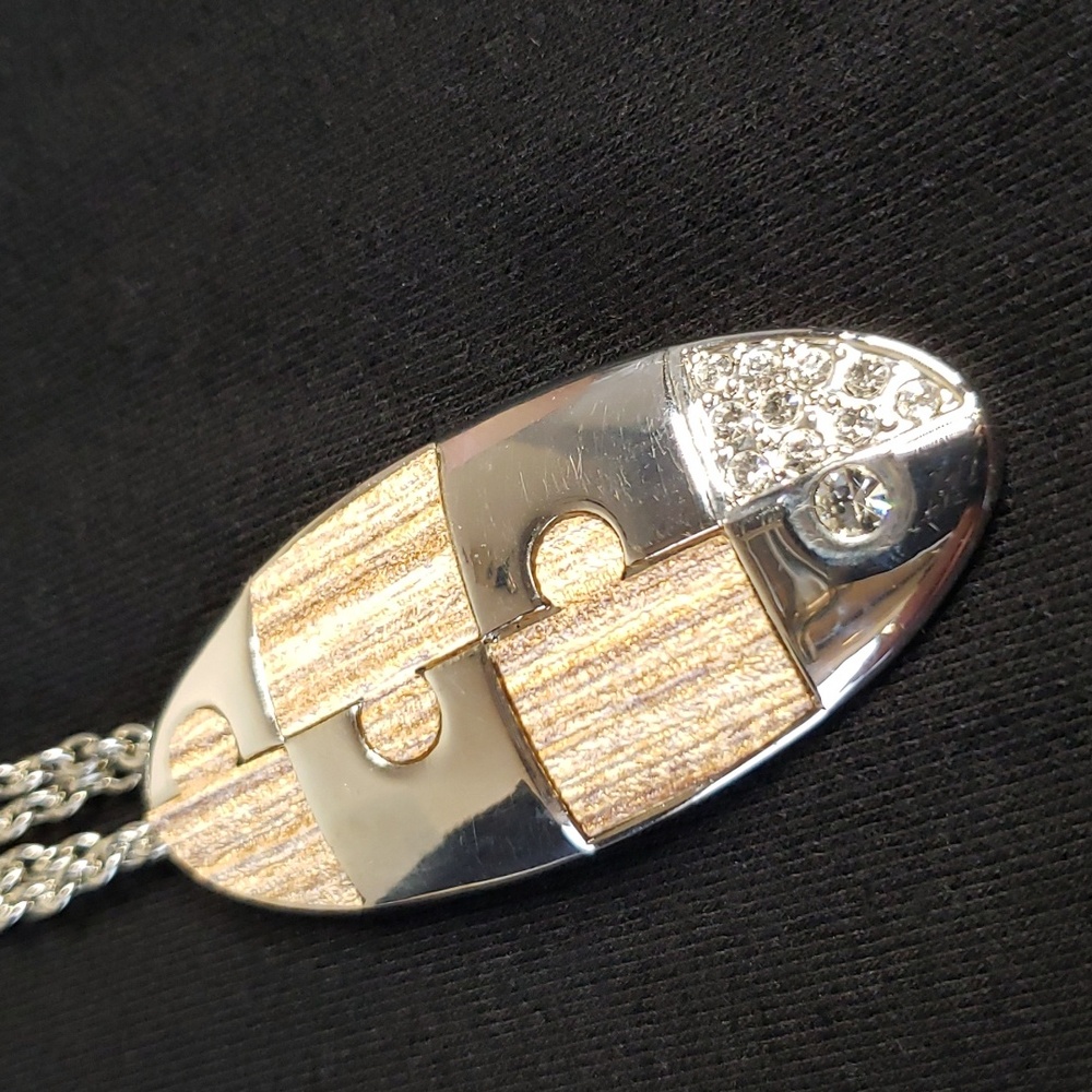 Silver Wood and Diamond Puzzle Piece Ellipse Mirror Necklace